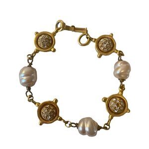 Linda Levinson Vintage & Signed Yellow Gold Tone & Faux Pearl Tennis Bracelet.